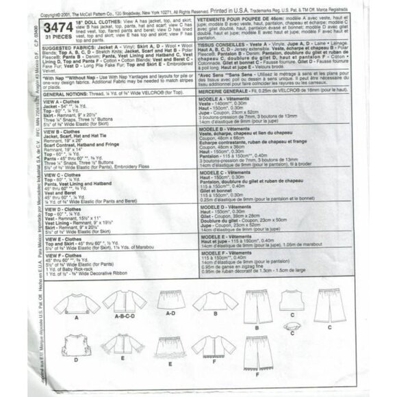 McCalls 3474 Sewing Pattern 18" Doll Clothes Jackets Skirts Tops Hat & Scarf - Picture 2 of 2
